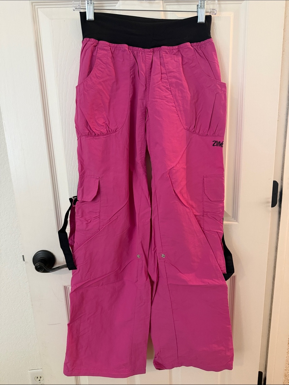 Zumba Fitness Wide Leg Cargo Pants in Bright Pink with Black Waistband